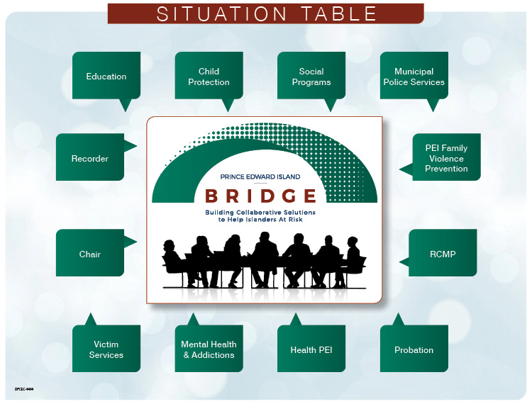 A graphic that names the service providers and also indicates that a recorder and chairperson make up the Bridge Situation Table