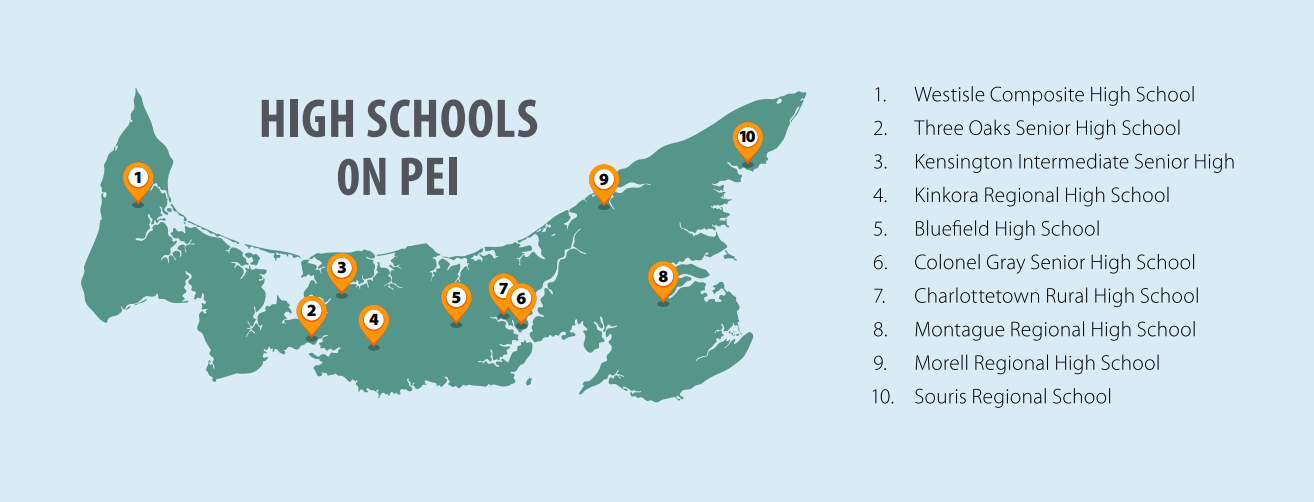 A map of the high schools in PEI