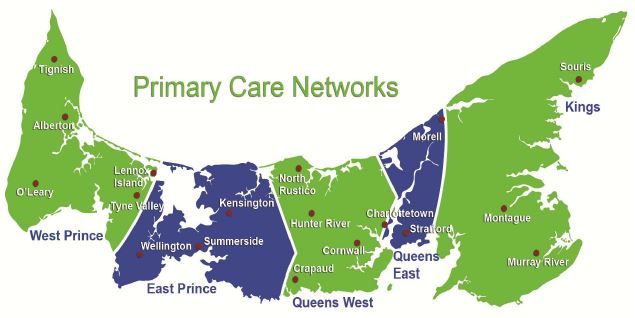 Graphic of Prince Edward Island with health care networks identified
