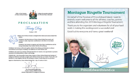 Capture of sample declaration and congratulatory message from Office of the Premier of PEI