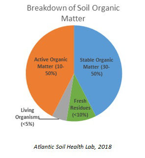 A pie graph that illustrates breakdown of soil organic matter with reference to Atlantic Soil Health Lab, 2018