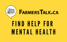 Yellow box with text that reads"FarmersTalk.ca - Find help for mental health. 