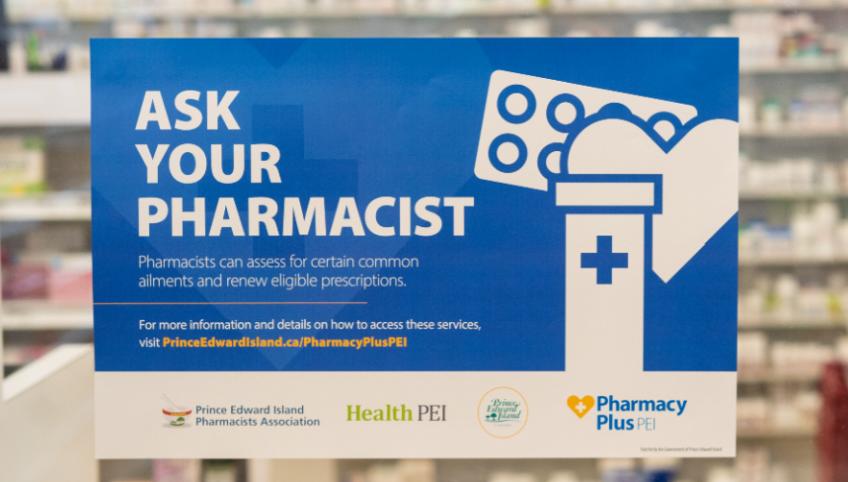 Image of sticker on a window with text: Ask your pharmacist