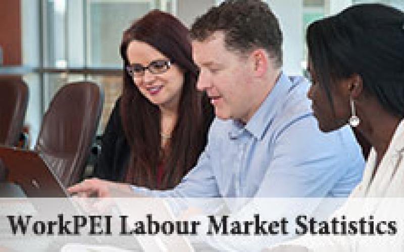 Image of three professionals looking at laptop with text "WorkPEI Labour Market Statistics"