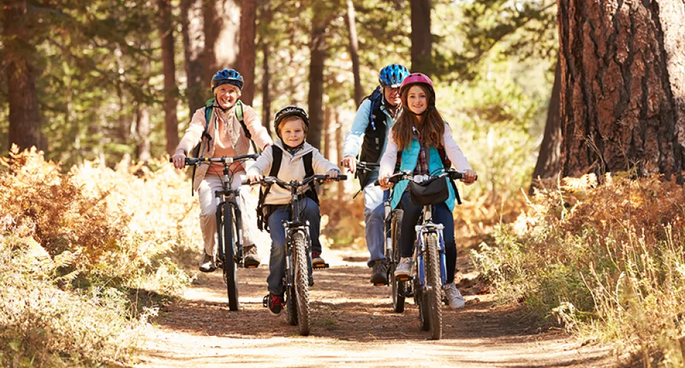 Grands-parents et enfants à vélo sur un sentier forestier