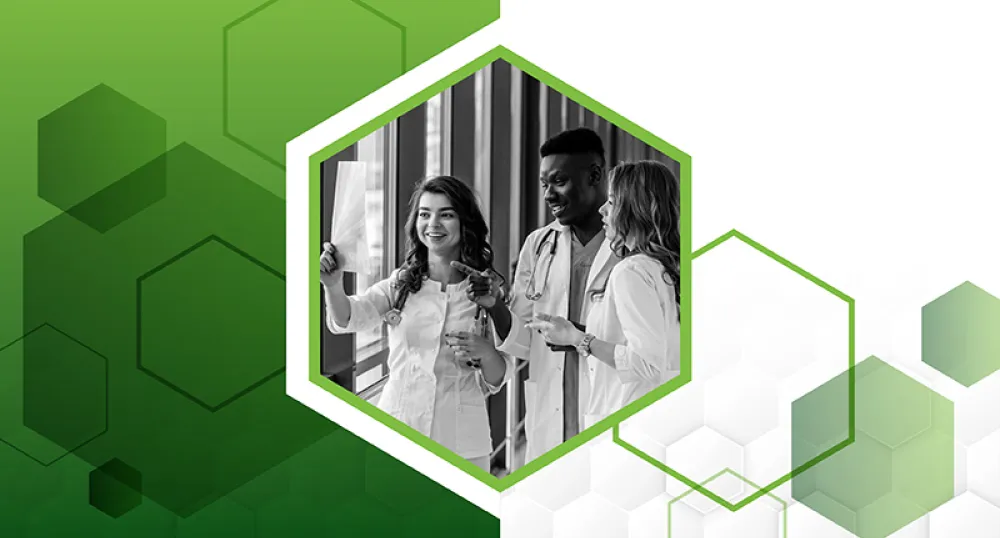 Graphic from the cover of Health PEI’s new Strategic Plan 2025-2028 that displays three health care workers looking at a diagnostic image. 