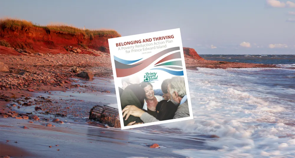 Thumbnail image of Poverty Reduction Action Plan for PEI cover in foreground with image of red cliffs of PEI coastline in background