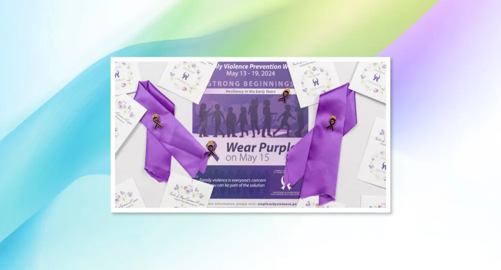 image of a small poster surrounded by purple ribbons and pins