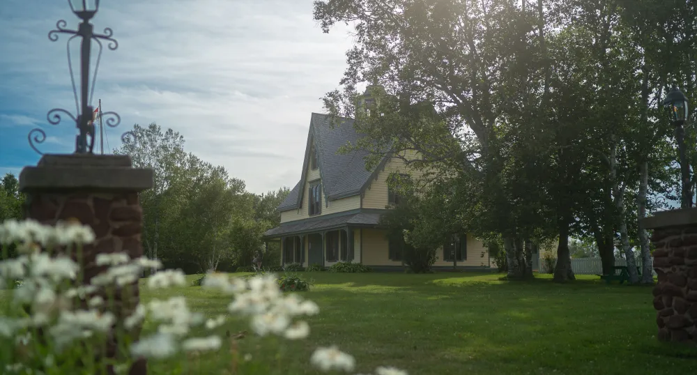 The Historic Yeo House with beautiful trees standing next to it and white flowers in the yard.