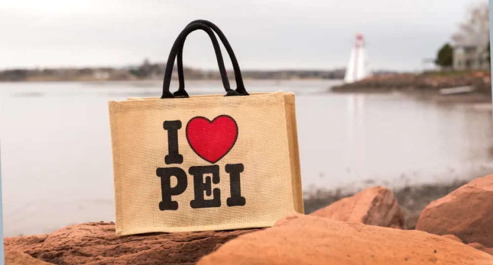 I Love PEI reusable bag with Victoria Park Lighthouse in background
