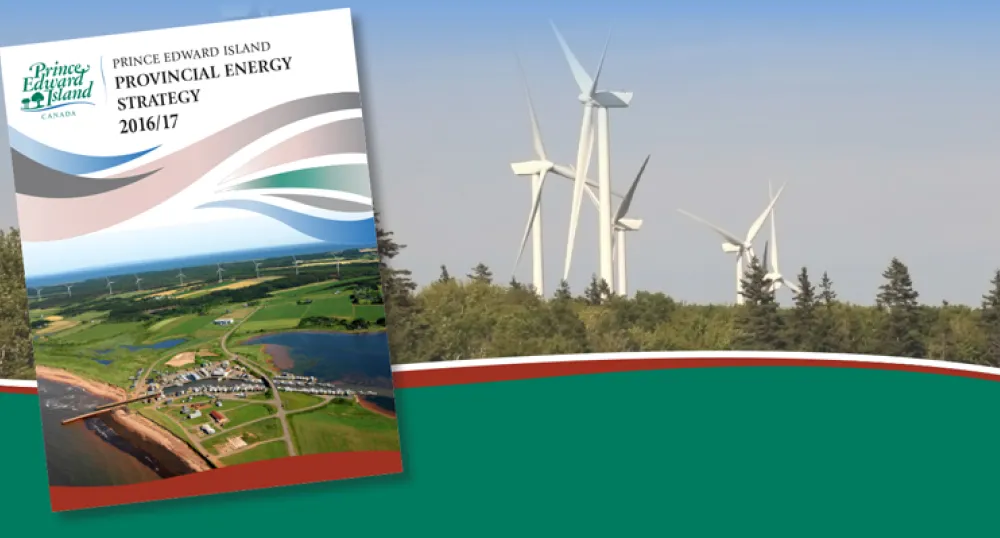 Image of Energy Strategy cover over background image of wind turbines
