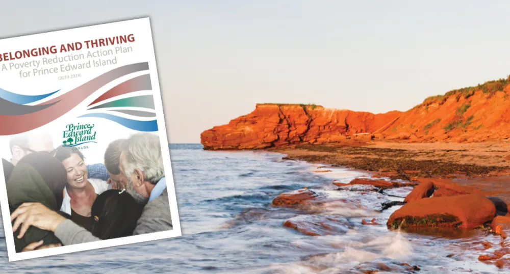 Thumbnail image of Poverty Reduction Action Plan for PEI cover in foreground with image of red cliffs of PEI coastline in background