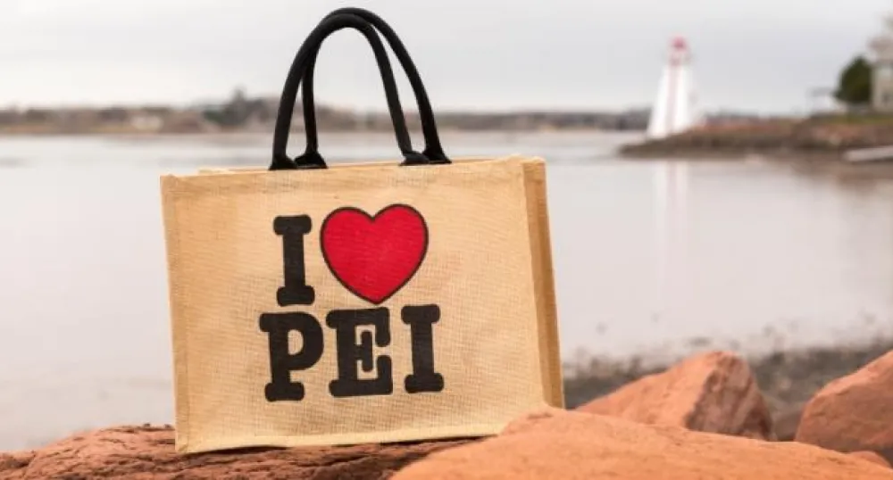 I Love PEI reusable bag with Victoria Park lighthouse in background