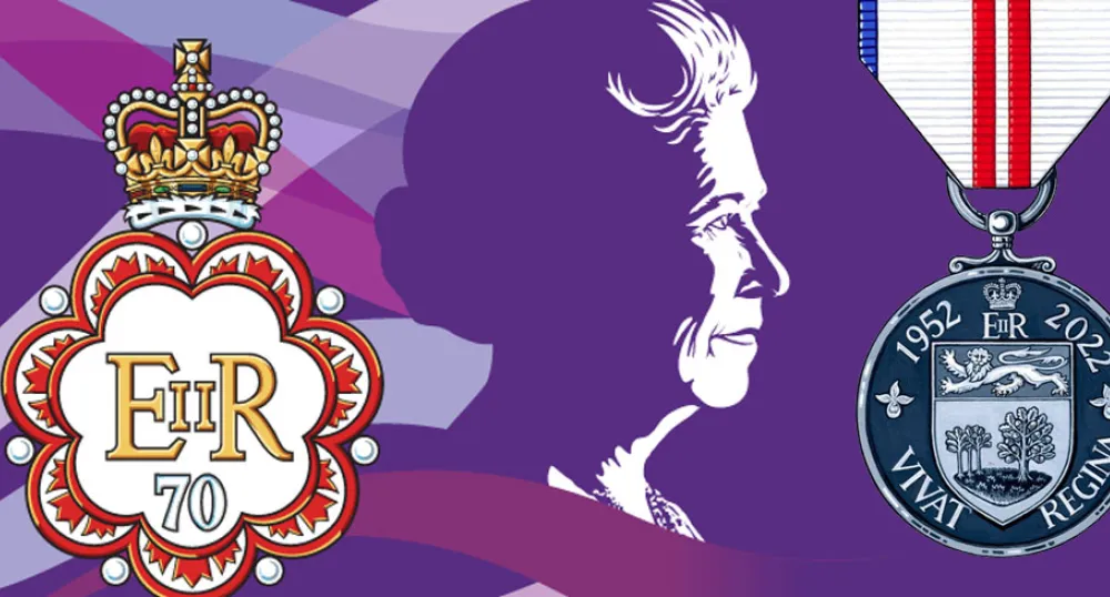 image of  a commemorative medal and the crown of Queen Elizabeth the second