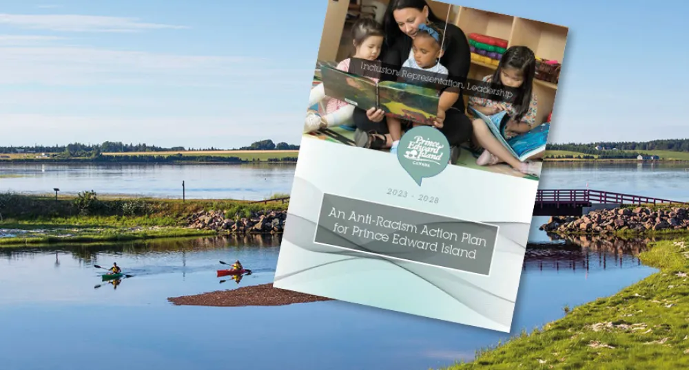 image of a report front cover with a person reading to three children and a river in the background