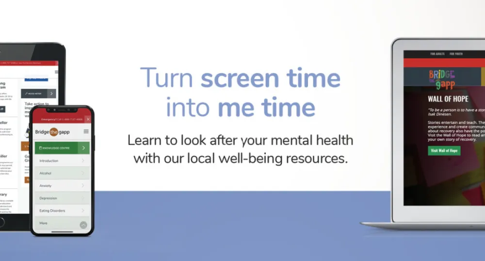 Image for a cell phone and computer and words Bridge the gapp