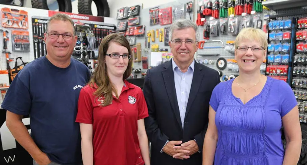 Thane Thomson, owner of Eastern Auto Supply; Melanie Worth, new employee hired through Employ PEI; Minister Richard Brown, Workforce and Advanced Learning; and Bernice Thomson, owner of Eastern Auto Supply met recently at the shop on St. Peters Road in Ch