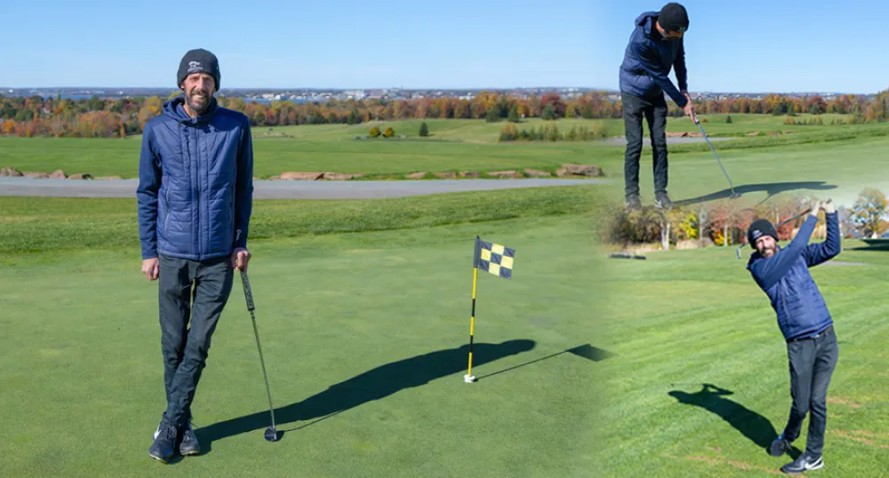 image of a person posing on a golf course and also taking practice shots