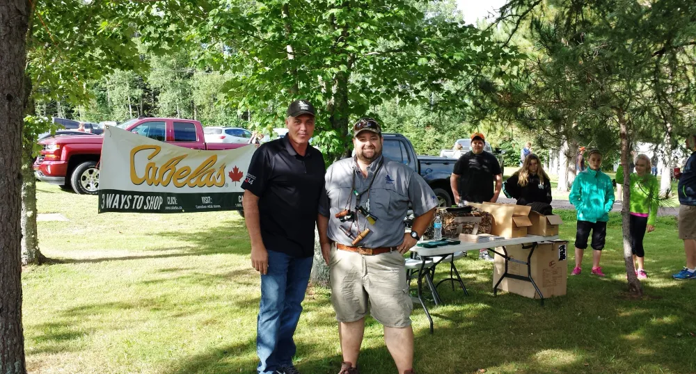 Minister of Communities, Land and Environment Robert Mitchell speaks with Eric Paynter of the Delta Waterfowl Chapter at Saturday’s Youth Waterfowl Day.