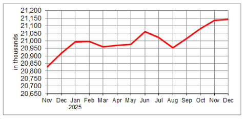 Employment in Canada from November 2024 to December 2025. Employment in December 2025 was 21.1 million.
