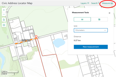 Measure Distance Photo of the measure distance feature on the Civic Address Locator Map on princeedwardisland.ca.