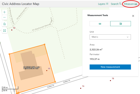 Measure Area Photo of the measure area feature on the Civic Address Locator Map on princeedwardisland.ca.