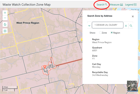 Waste Watch Collection Zone Map Photo of the the search feature on the Waste Watch Collection Zone Map princeedwardisland.ca maps.