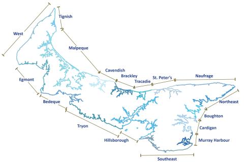 image of the province of PEI with some costal names surrounding it