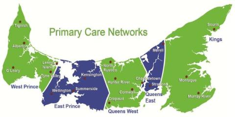 Psychology jobs in Primary Care Networks PEI Graphic of Prince Edward Island with health care networks identified