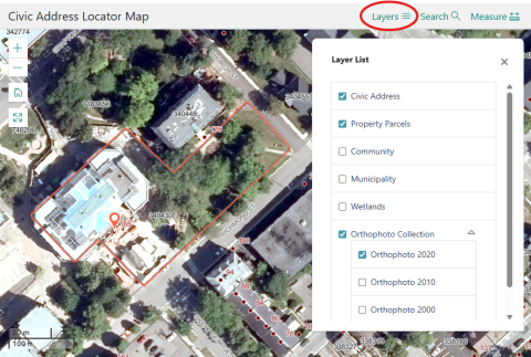Civic Address Locator Layer List Photo of the layer list feature on the Civic Address Locator Map on princeedwardisland.ca.