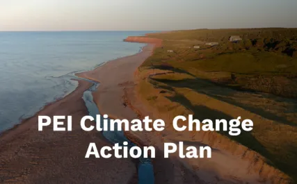 An aerial view of a Prince Edward Island coastline featuring sandy beaches and green fields, with the text "PEI Climate Change Action Plan" overlaid in white.