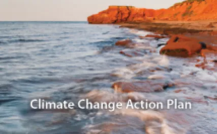 Image of red cliffs of Prince Edward Island with copy that reads "Climate Change Action Plan"