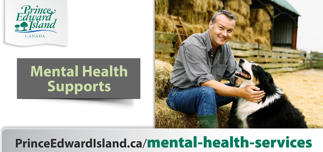 A man is sitting, smiling and petting a dog. The words on the image are Mental Health Supports , and the web link princeedwardisland.ca/mental-health-services