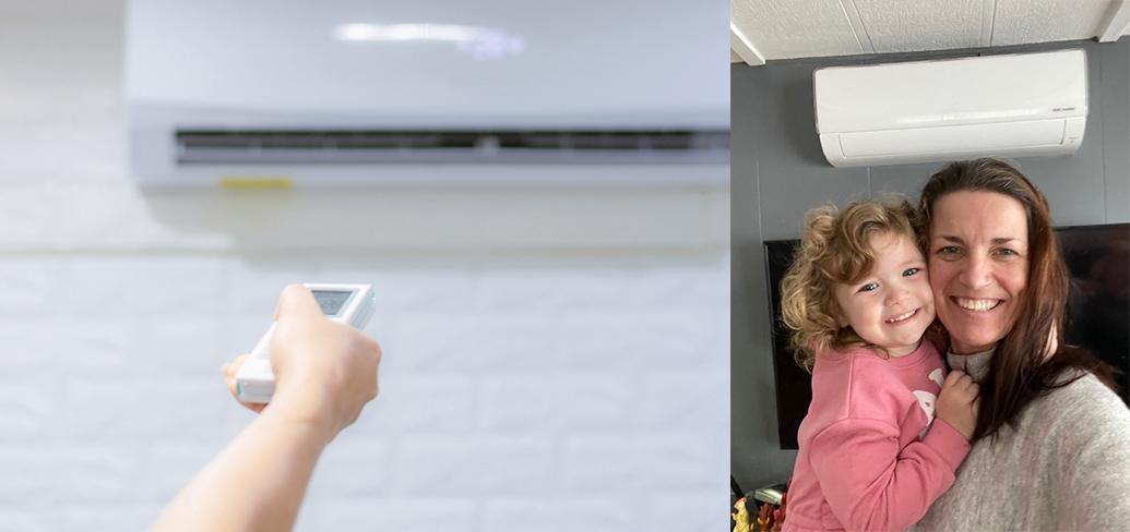 The left side of the photo shows a heat pump with a man's hand pointing a remote control towards it. The right side shows Jeannie Dixon and her three-year-old daughter Chandler standing in front of their new heat pump.