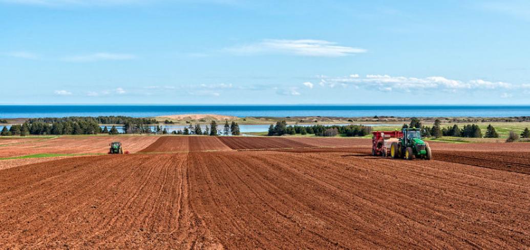 image of  two tractors plowing a field