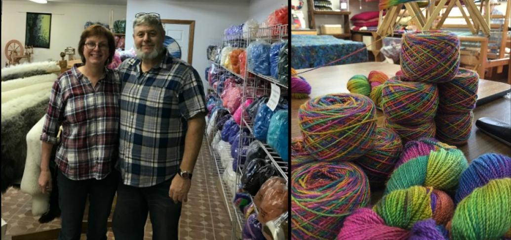 Doug and Linda Nobles stand in their shop at Belfast Mini Mills, and an accompanying photo shows colourful yarn made from a hand dyed blend of qiviut, alpaca, cashmere and silk