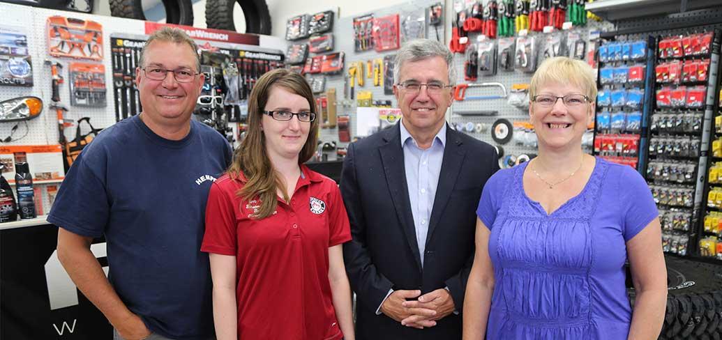 Thane Thomson, owner of Eastern Auto Supply; Melanie Worth, new employee hired through Employ PEI; Minister Richard Brown, Workforce and Advanced Learning; and Bernice Thomson, owner of Eastern Auto Supply met recently at the shop on St. Peters Road in Ch