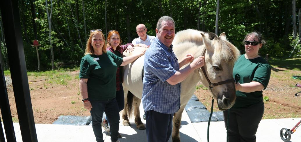 Billy the horse stands outside on a spring day with five people petting him
