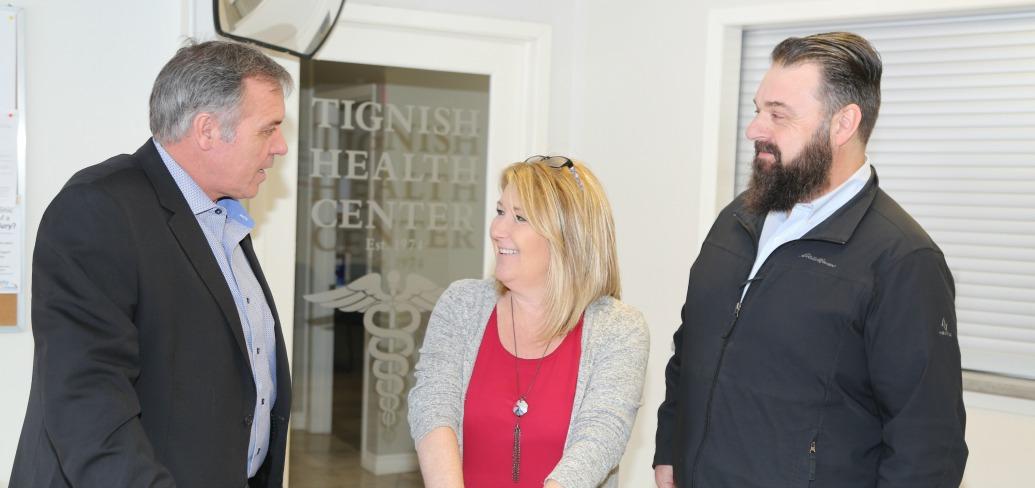 Minister Robert Mitchell, Tignish Health Centre manager Wendy Arsenault and MLA Hal Perry.