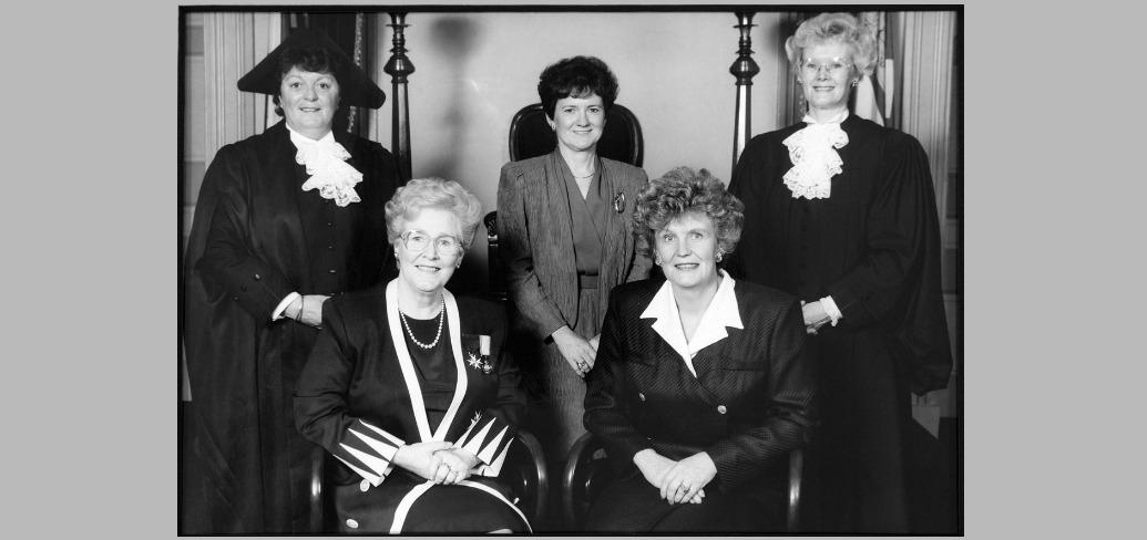 (From left) Speaker of the House Nancy Guptill, Lieutenant Governor Marion Reid, Leader of the Opposition Pat Mella, Premier Catherine Callbeck, Deputy Speaker Elizabeth (Libbe) Hubley. June 1993.