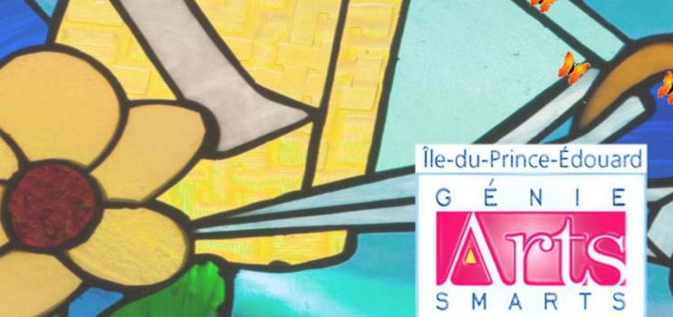 Image of stained glass with ArtsSmarts logo in foreground