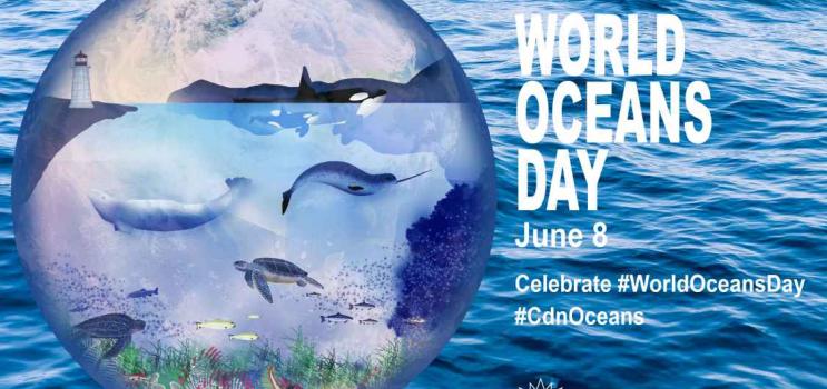 Graphic image of the world with ocean species illustrated. Text reads "World Oceans Day" June 8. Celebrate #worldoceansday #CdnOceans and Canada 150 logo