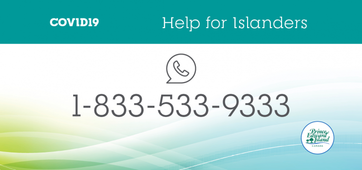 COVID-19 graphic titled: "Help for Islanders 1-833-533-9333'