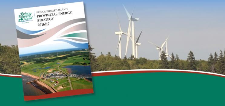 Image of Energy Strategy cover over background image of wind turbines