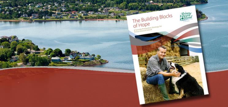 Thumbnail image of PEI Suicide Prevention Action Plan on top of aerial image of Charlottetown