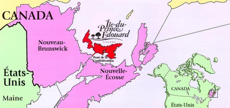 Line drawn map of Atlantic Canada showing PEI location with map of Canada inserted in bottom right corner showing location of PEI