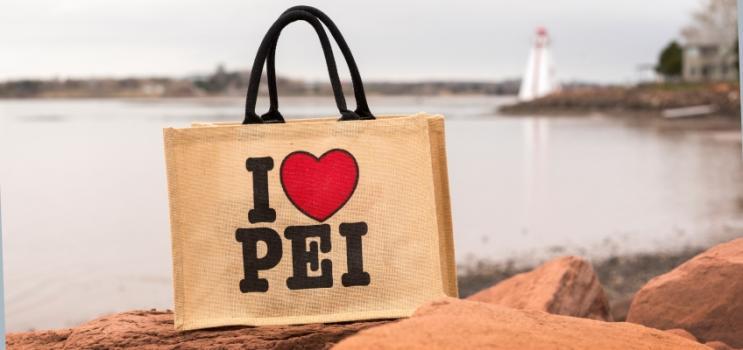 I Love PEI reusable bag with Victoria Park lighthouse in background