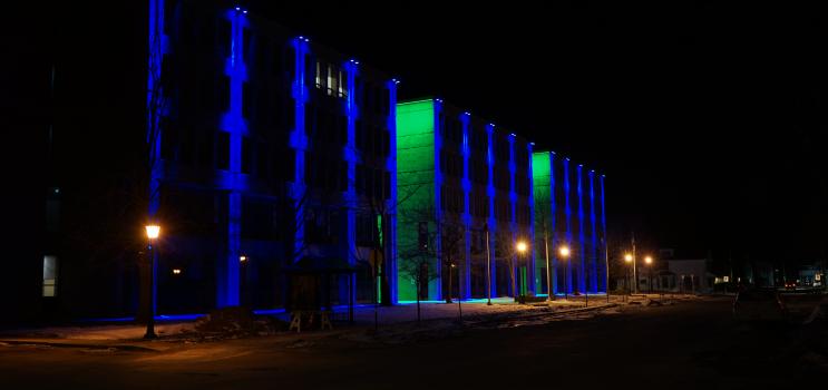 Colourful lights illuminating Sullivan Building