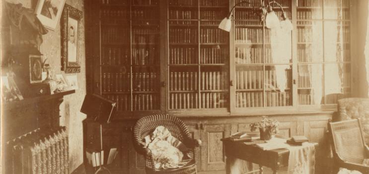 Photograph of an unidentified study or library room showing a wall lined with bookcases, [ca. 1890-1906] (Acc3466/HF72.66.25.24)