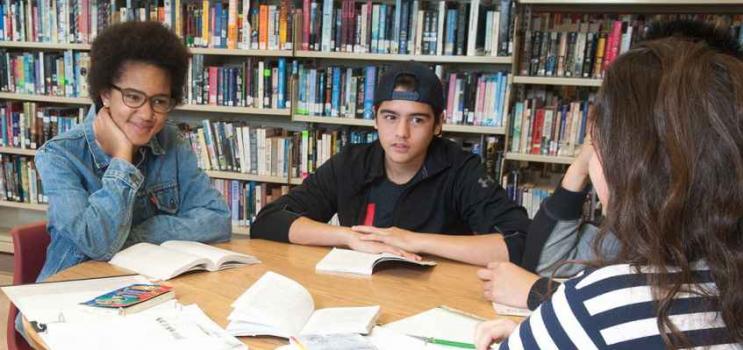 Group of high school students in school library setting